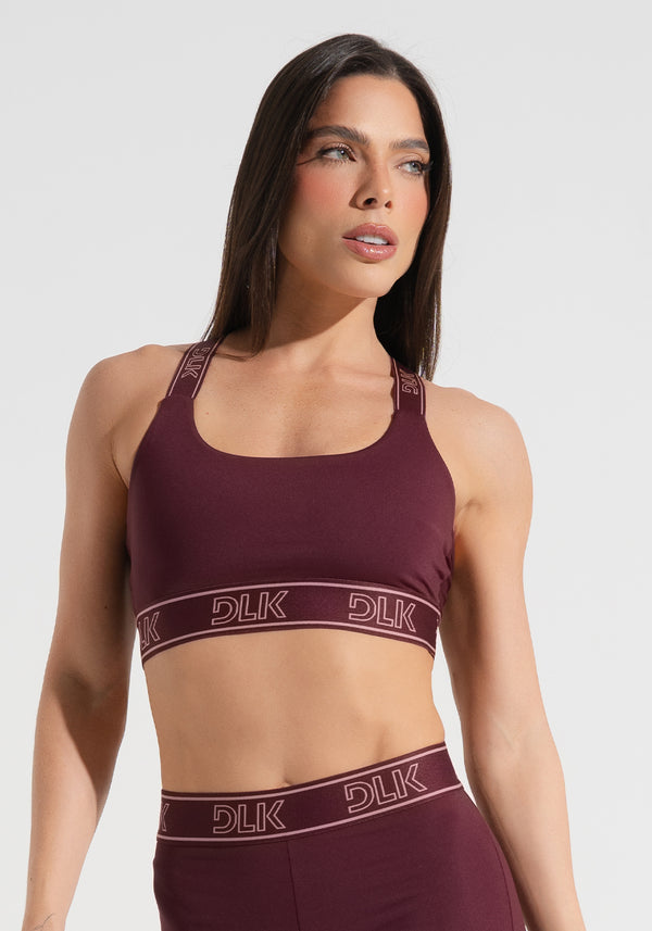 Top Fitness Feminino Com Bojo E Alças De Elástico Com Tule Nas Costas Activity Dlk Vinho
