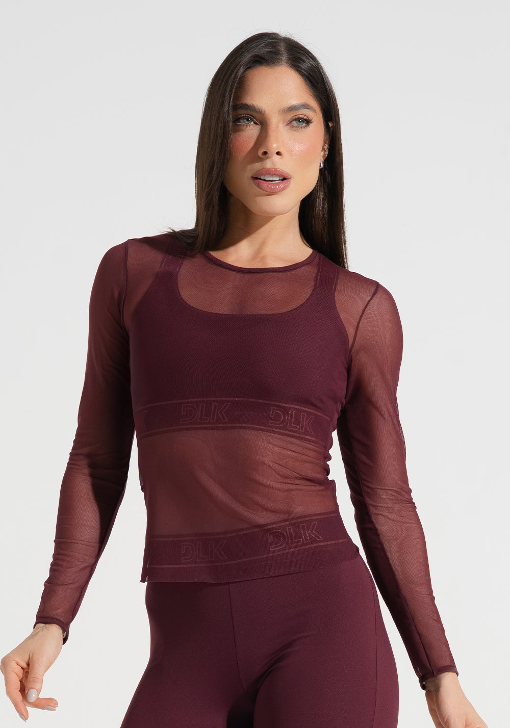 Blusa Feminina de Tule com Manga Longa Activity Dlk Vinho