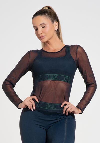 Blusa Feminina De Tule Com Manga Longa Activity Dlk Azul Marinho