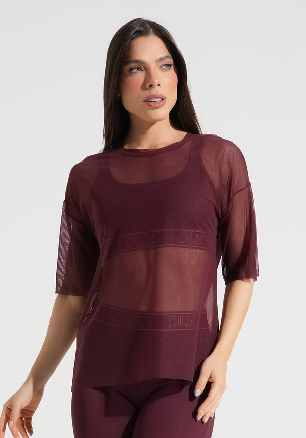 Blusa T-shirt Fitness Feminina De Tule Activity Dlk Vinho