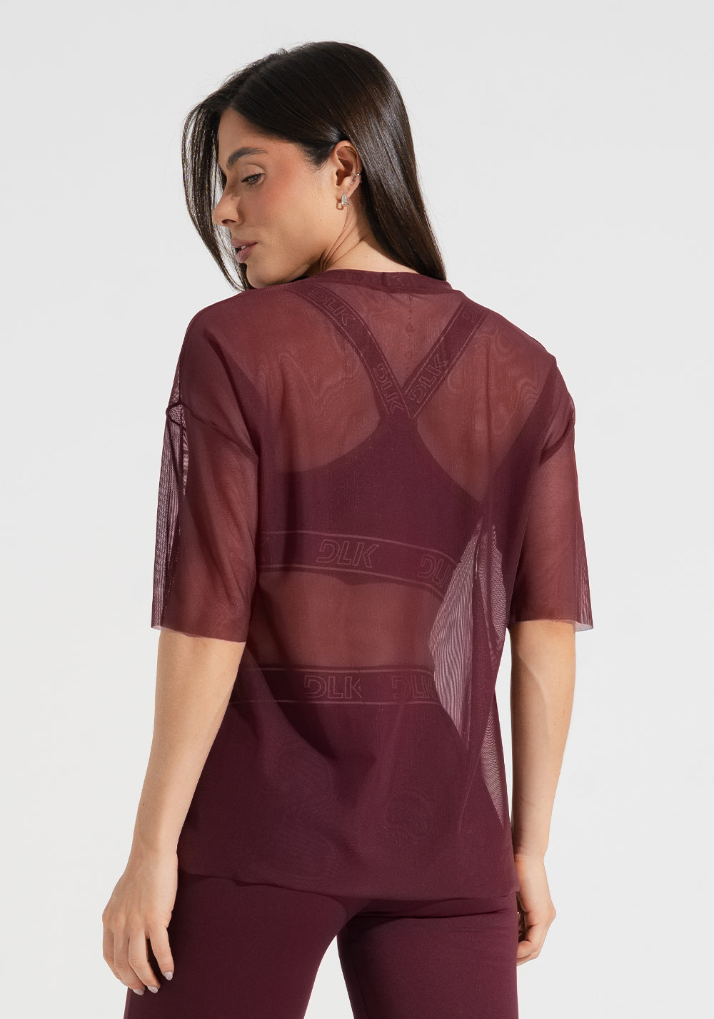 Blusa T-shirt Fitness Feminina De Tule Activity Dlk Vinho