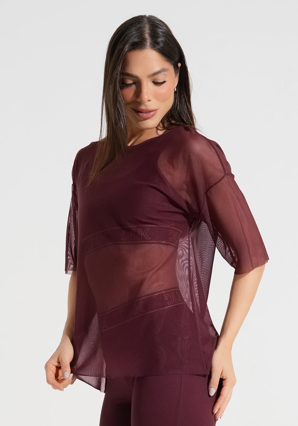 Blusa T-shirt Fitness Feminina De Tule Activity Dlk Vinho