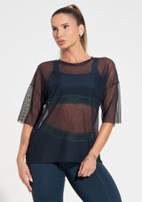 Blusa T-shirt Fitness Feminina De Tule Activity Dlk Azul Marinho