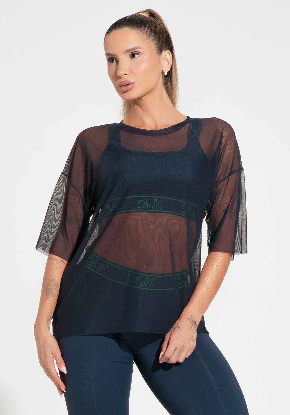 Blusa T-shirt Fitness Feminina De Tule Activity Dlk Azul Marinho
