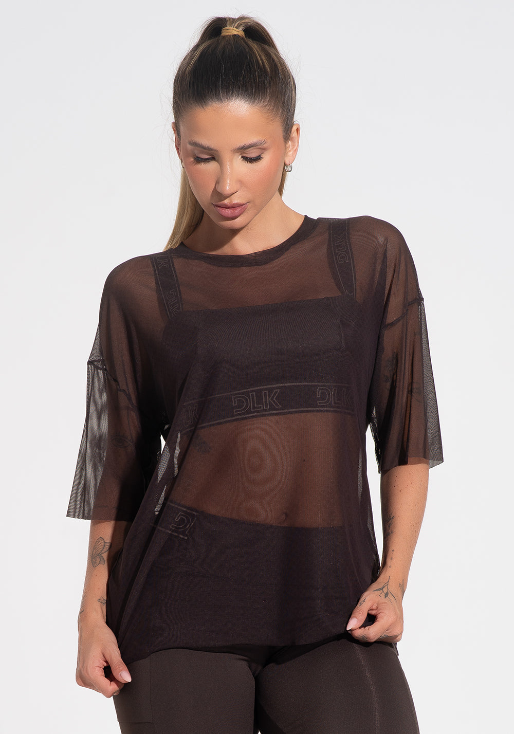 Blusa T-shirt Fitness Feminina De Tule Activity Dlk Marrom Café