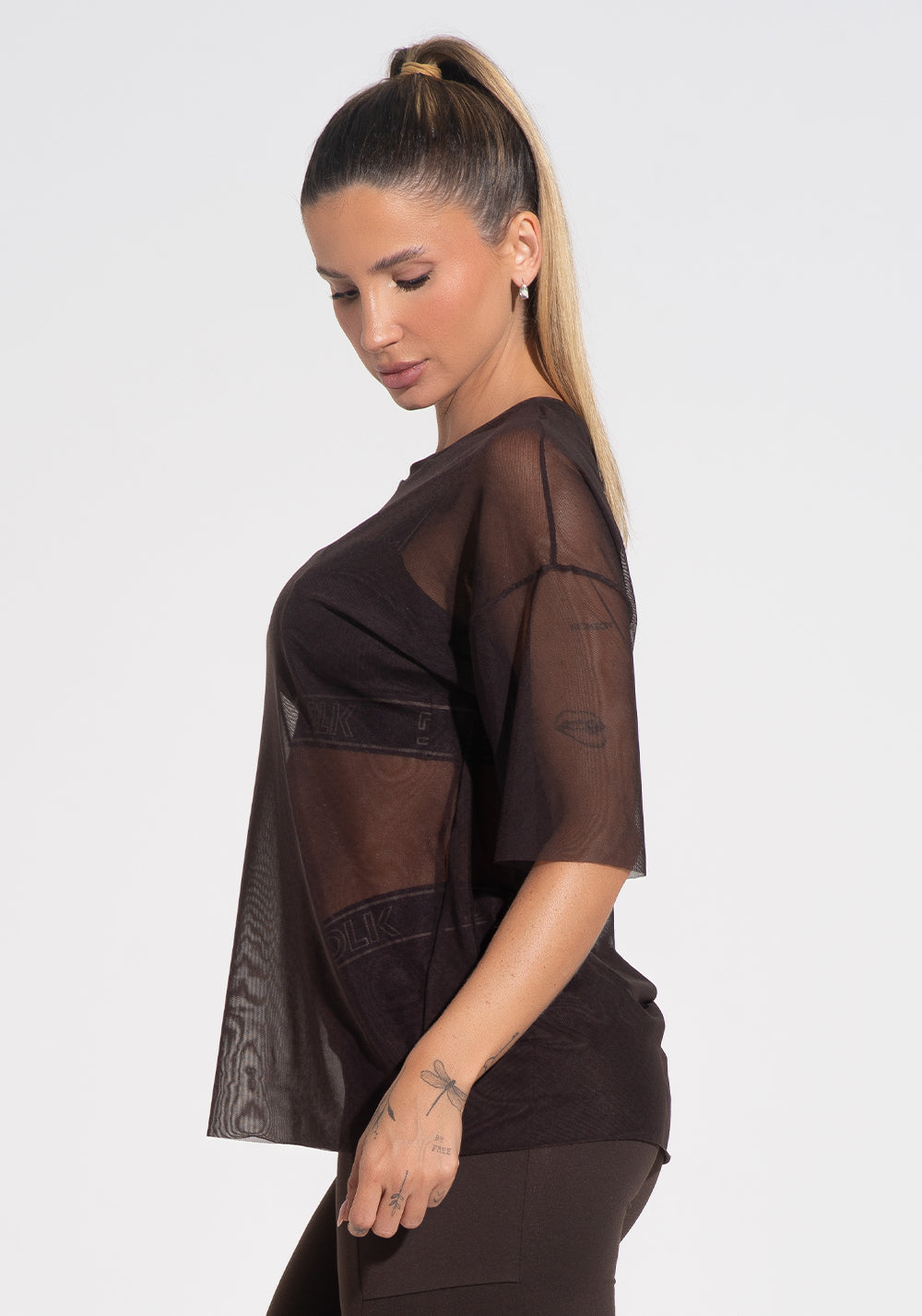 Blusa T-shirt Fitness Feminina De Tule Activity Dlk Marrom Café