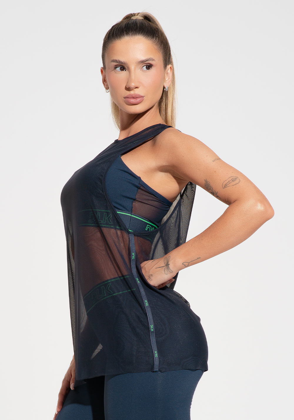 Camiseta Fitness Feminina De Tule Com Elástico Nas Laterais Activity Dlk Azul Marinho