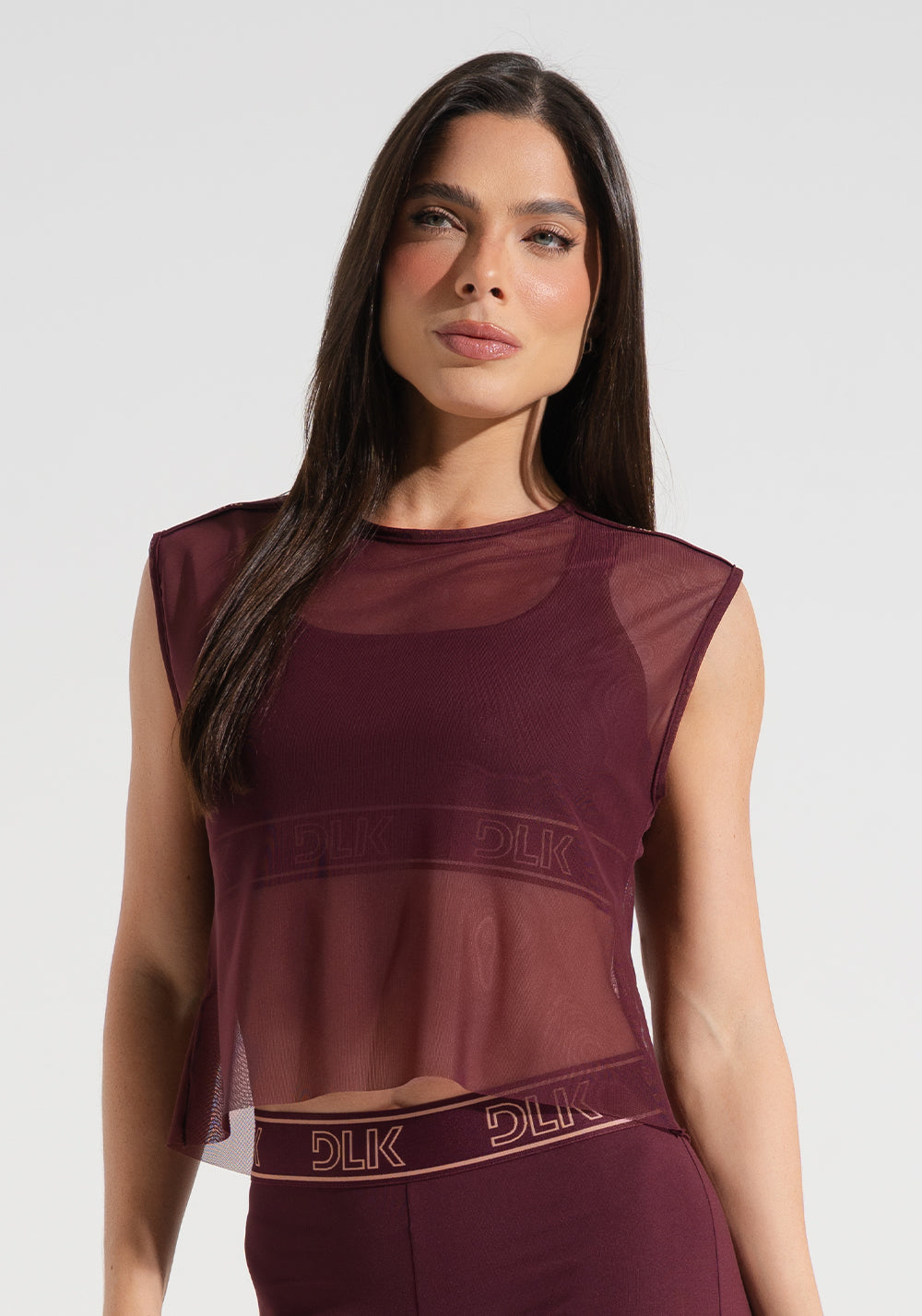 Camiseta Fitness Feminina De Tule Com Elástico Activity Dlk Vinho