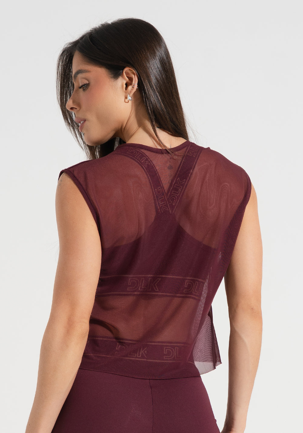 Camiseta Fitness Feminina De Tule Com Elástico Activity Dlk Vinho