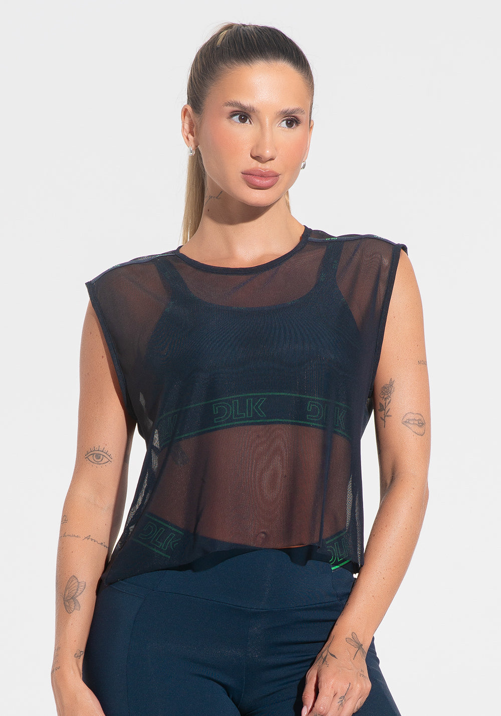 Camiseta Fitness Feminina De Tule Com Elástico Activity Dlk Azul Marinho