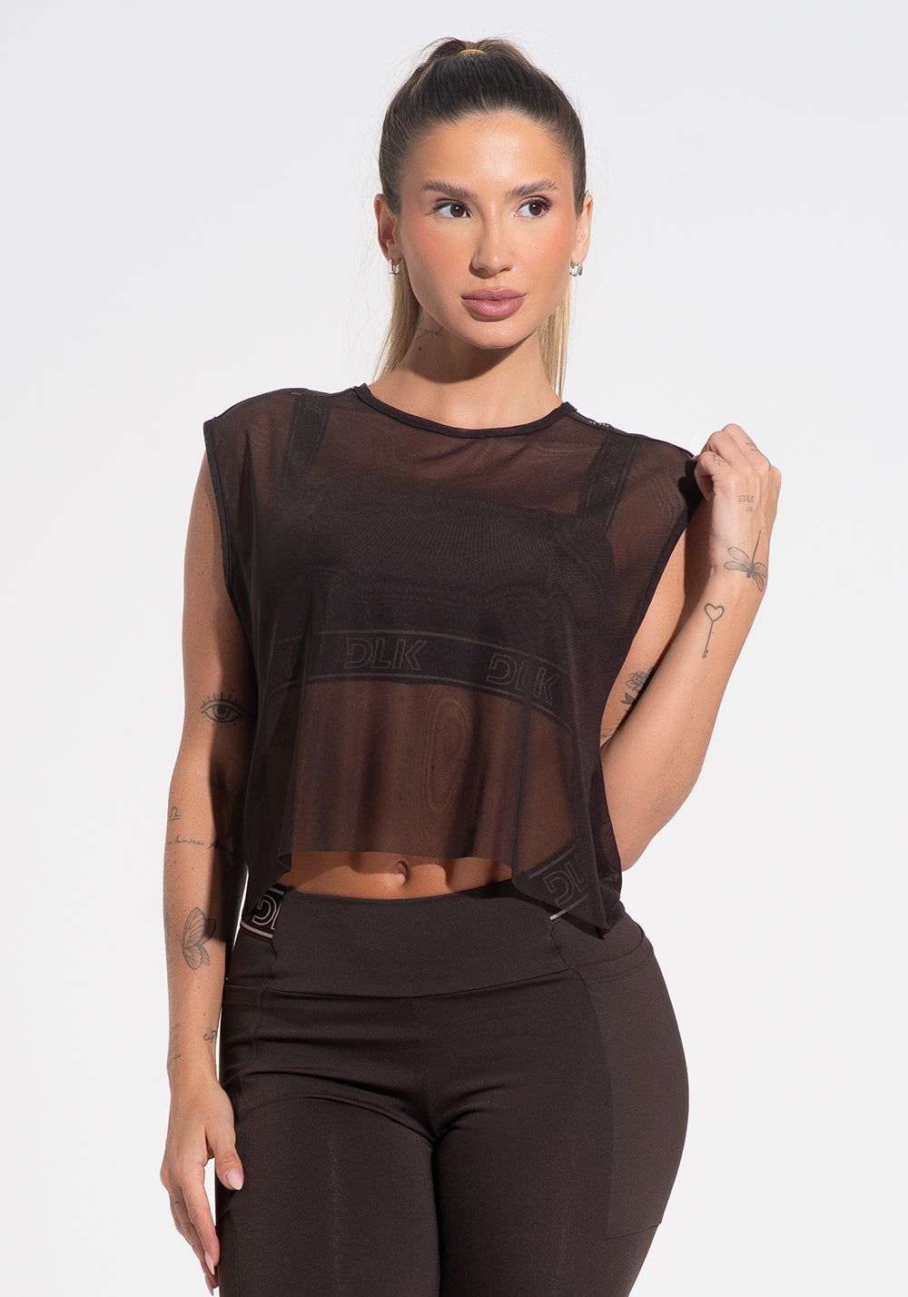 Camiseta Fitness Feminina De Tule Com Elástico Activity Dlk Marrom Café