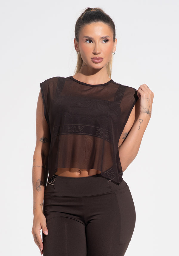 Camiseta Fitness Feminina De Tule Com Elástico Activity Dlk Marrom Café