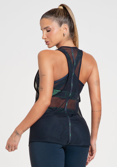 Camiseta Fitness Feminina Nadador De Tule Com Elástico Activity Dlk Azul Marinho