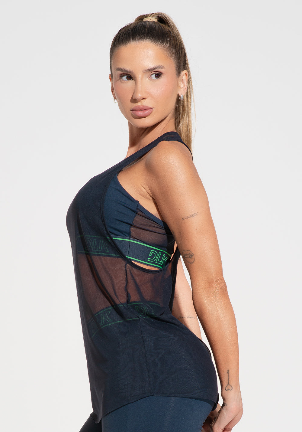 Camiseta Fitness Feminina Nadador De Tule Com Elástico Activity Dlk Azul Marinho