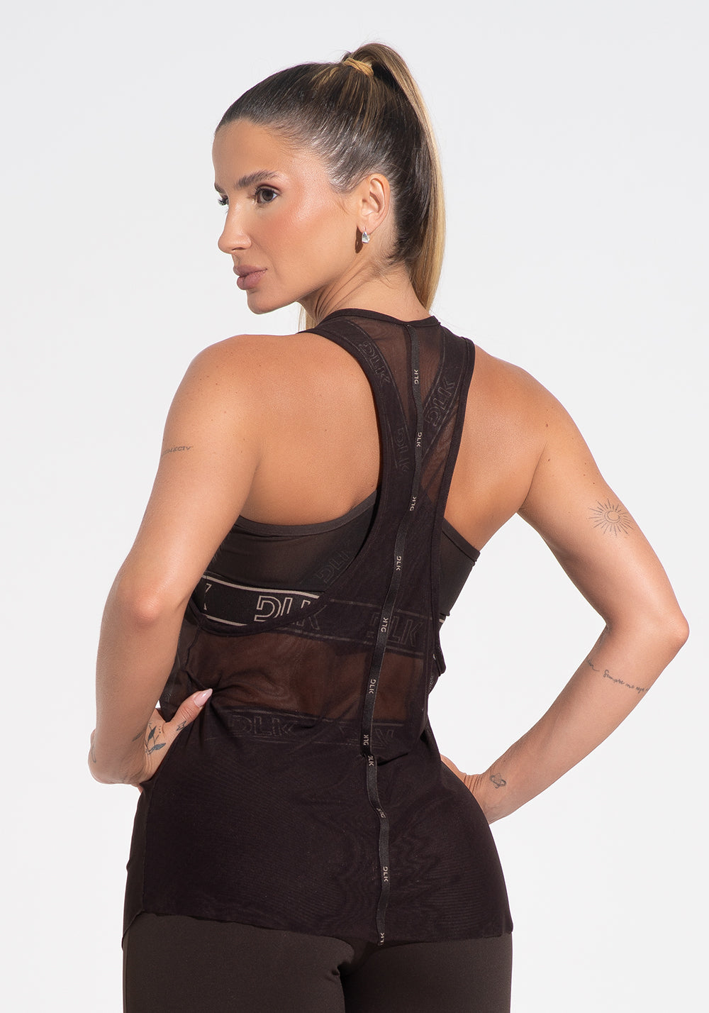 Camiseta Fitness Feminina Nadador De Tule Com Elástico Activity Dlk Azul Marrom Café