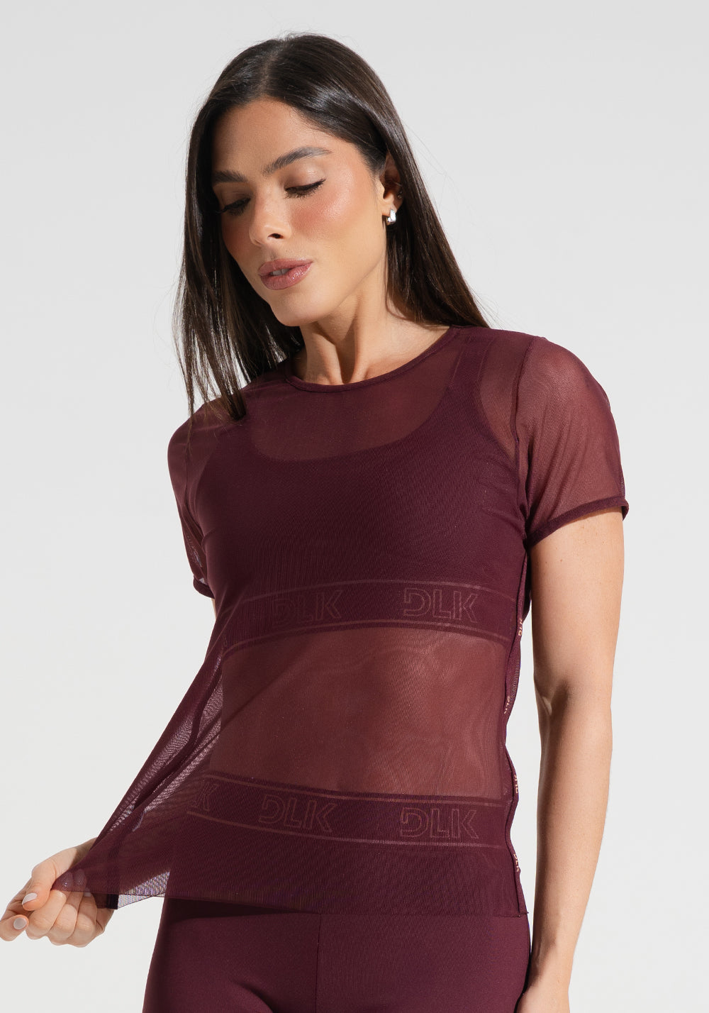 Blusa Baby Look Feminina De Tule Com Elástico Nas Laterais Activity Dlk Vinho