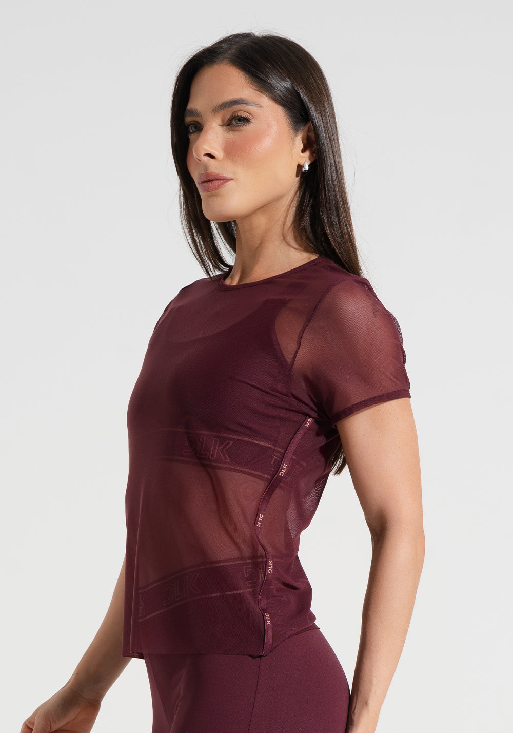 Blusa Baby Look Feminina De Tule Com Elástico Nas Laterais Activity Dlk Vinho