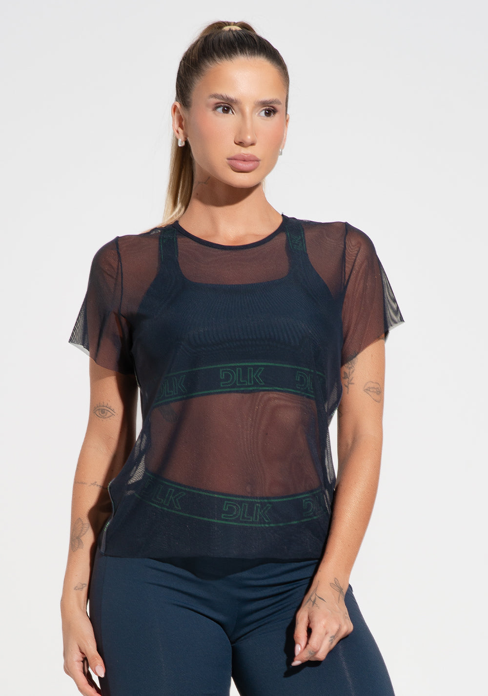Blusa Baby Look Feminina De Tule Com Elástico Nas Laterais Activity Dlk Azul Marinho