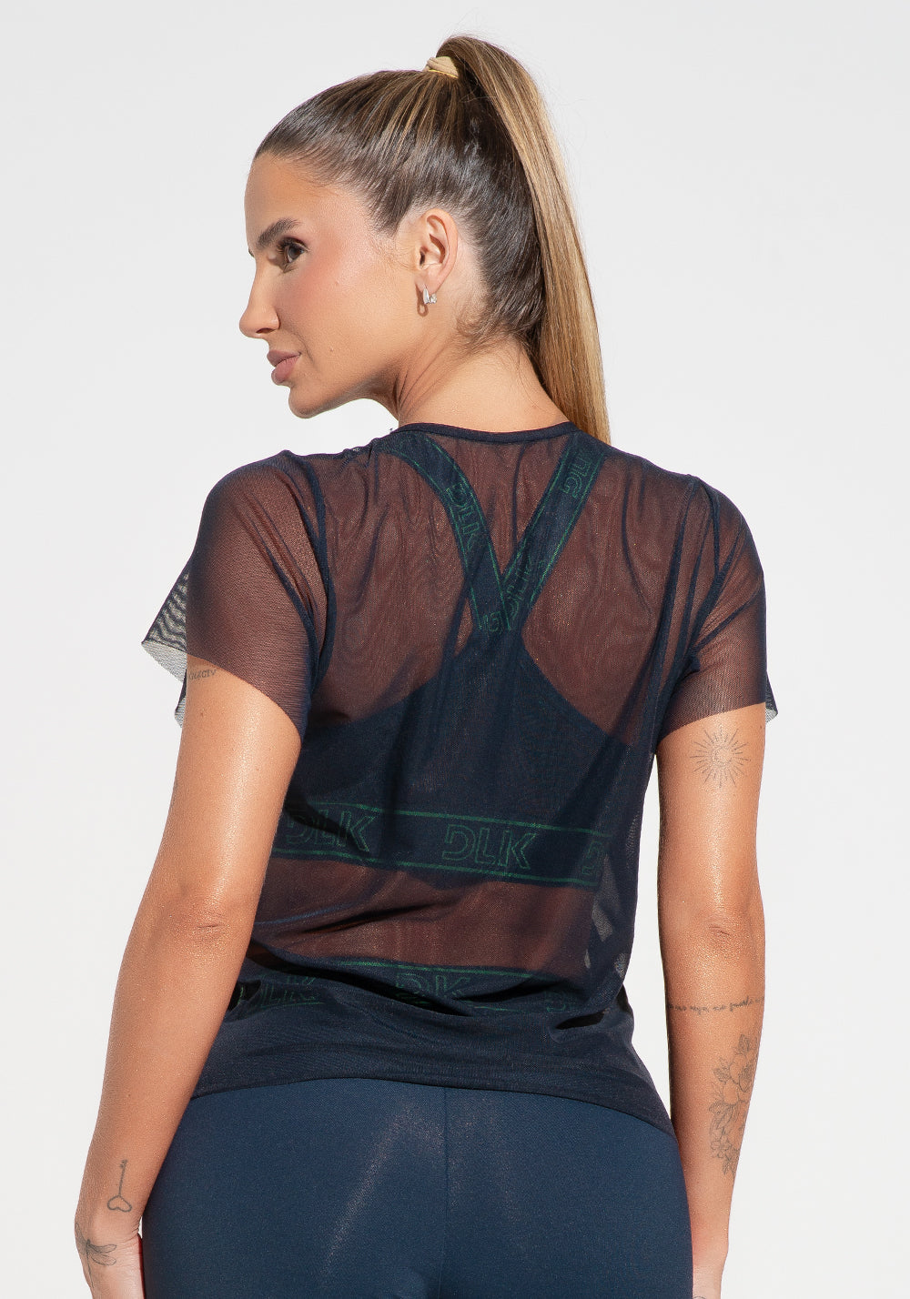 Blusa Baby Look Feminina De Tule Com Elástico Nas Laterais Activity Dlk Azul Marinho