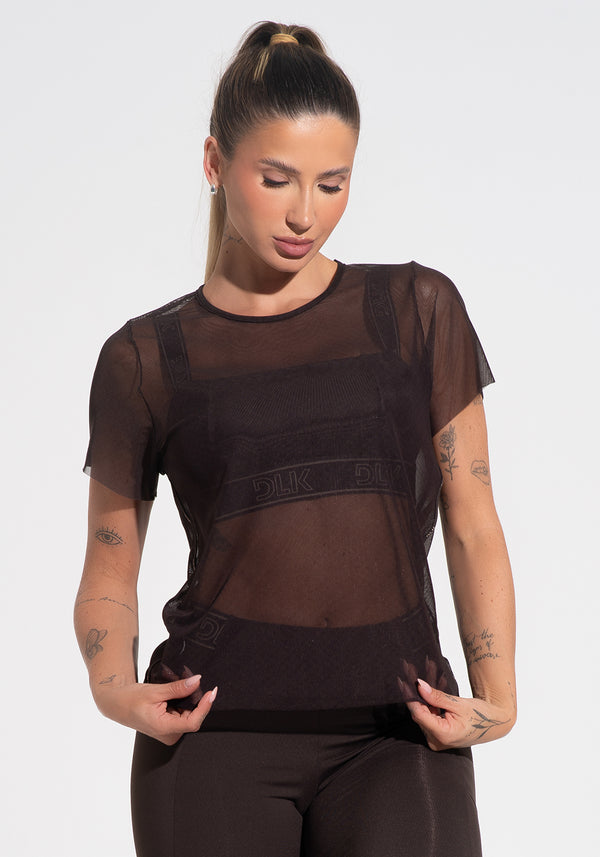 Blusa Baby Look Feminina De Tule Com Elástico Nas Laterais Activity Dlk Marrom Café