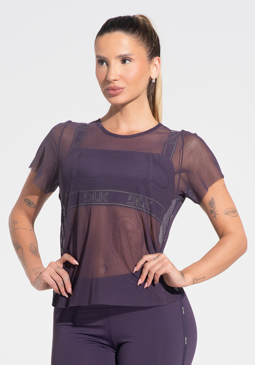 Blusa Baby Look Feminina De Tule Com Elástico Nas Laterais Activity Dlk Roxo
