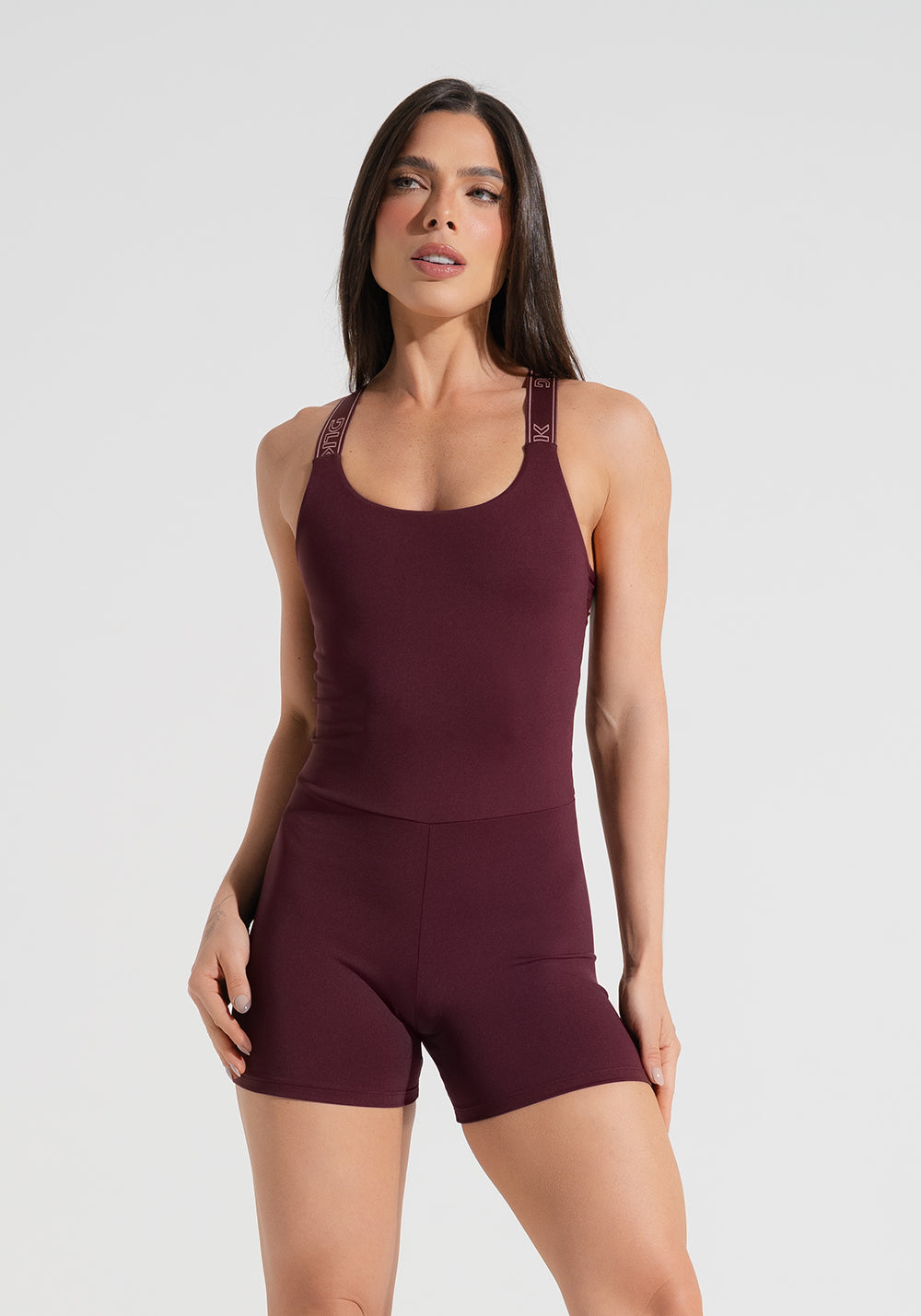 Macaquinho Fitness Feminino com Alças de Elástico e Tule Nas Costas Activity Dlk Vinho