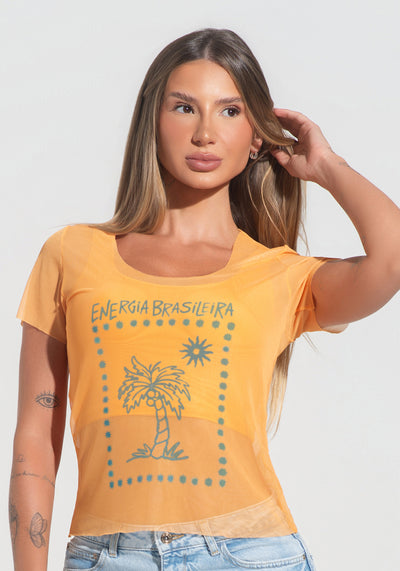 Blusa Baby Look Feminina Tule Energia Brasileira Dlk Amarelo