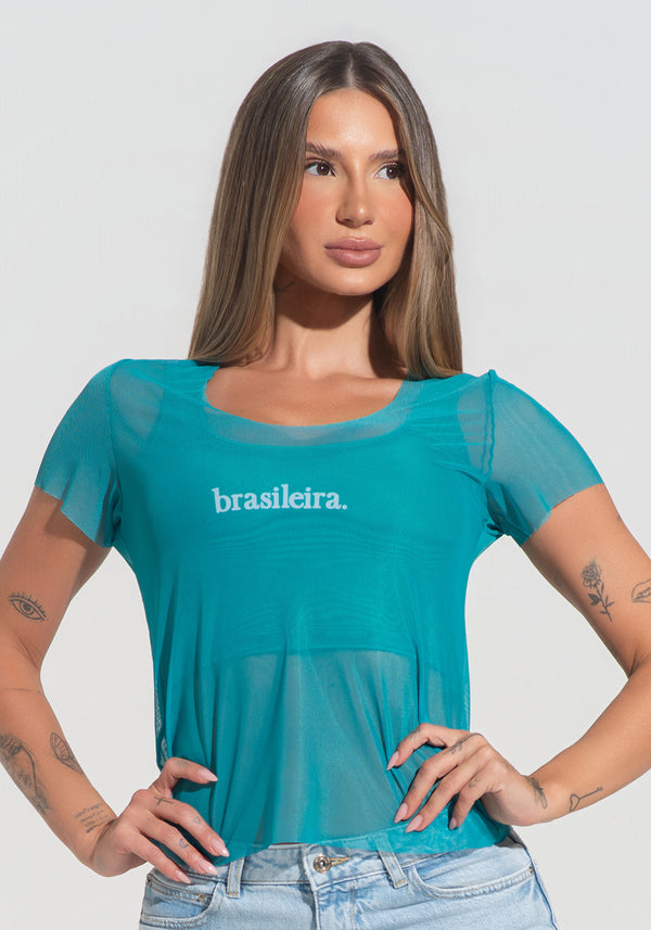 Blusa Baby Look Feminina Tule Brasileira Dlk Verde