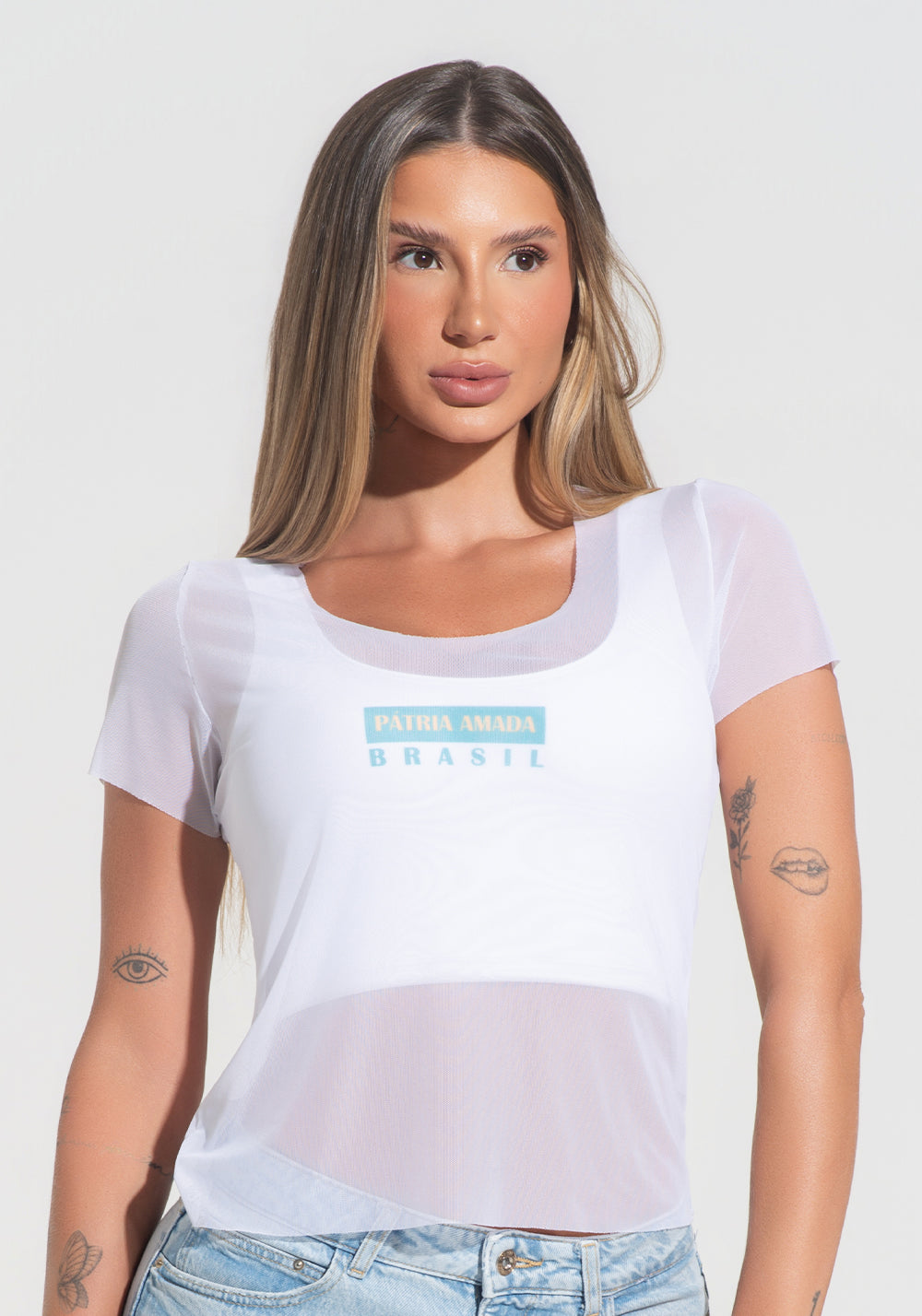 Blusa Baby Look Feminina Tule Pátria Amada Dlk Branco