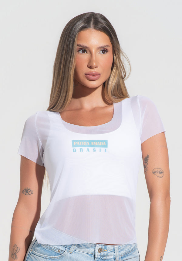 Blusa Baby Look Feminina Tule Pátria Amada Dlk Branco