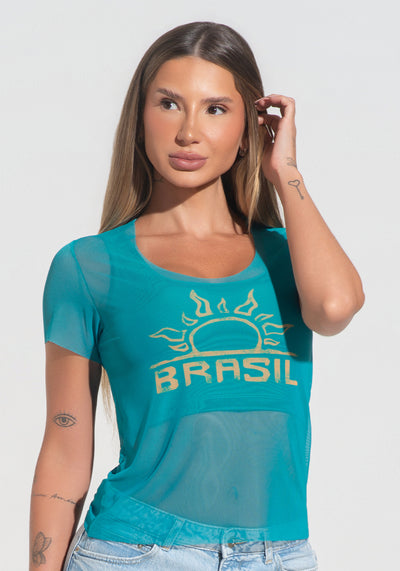 Blusa Baby Look Feminina Tule Sol Brasileiro Dlk Verde