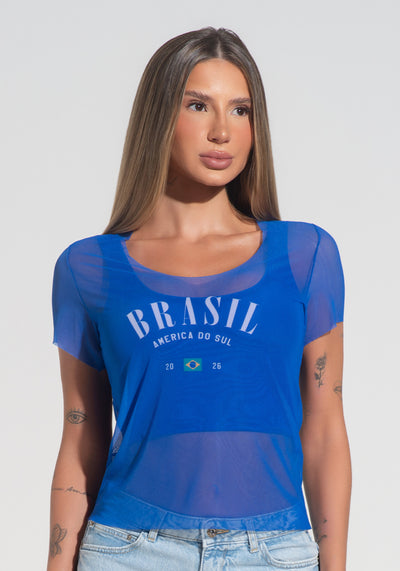 Blusa Baby Look Feminina Tule Alma Latina Dlk Azul