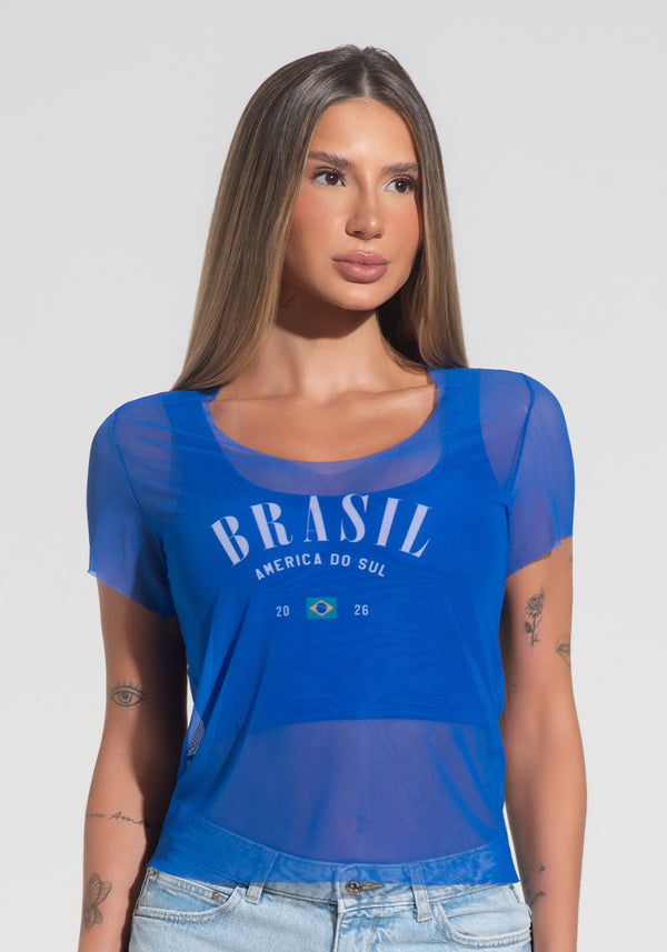 Blusa Baby Look Feminina Tule Alma Latina Dlk Azul