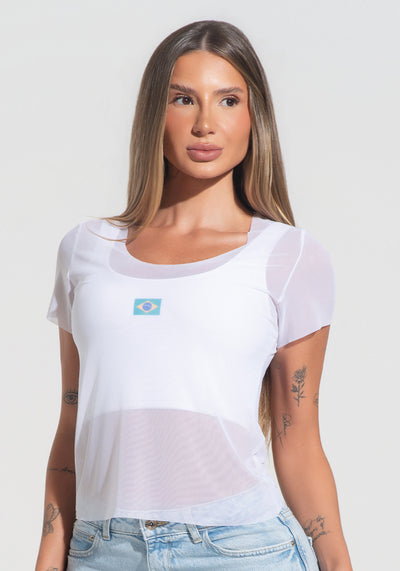 Blusa Baby Look Feminina Tule Nação Brasileira Dlk Branco