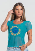Blusa Baby Look Feminina Tule Amor E Progresso Dlk Verde
