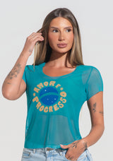 Blusa Baby Look Feminina Tule Amor E Progresso Dlk Verde