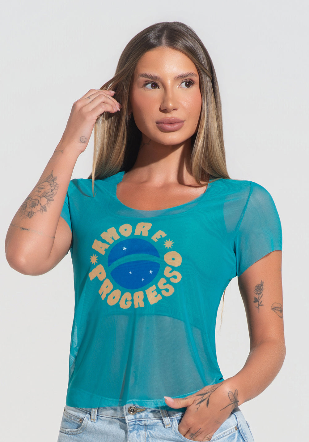 Blusa Baby Look Feminina Tule Amor E Progresso Dlk Verde