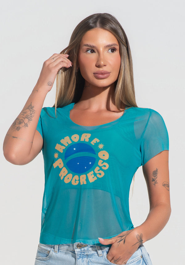 Blusa Baby Look Feminina Tule Amor E Progresso Dlk Verde