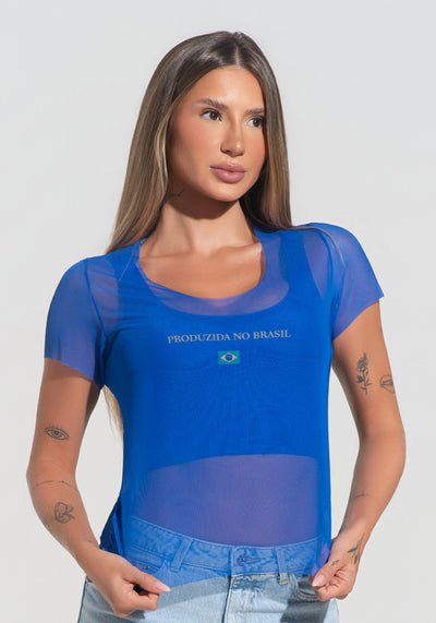 Blusa Baby Look Feminina Tule Produzida No Brasil Dlk Azul