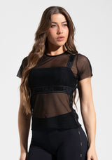 Blusa Baby Look Feminina de Tule com Elástico Nas Laterais Activity+ Dlk Preto e Branco