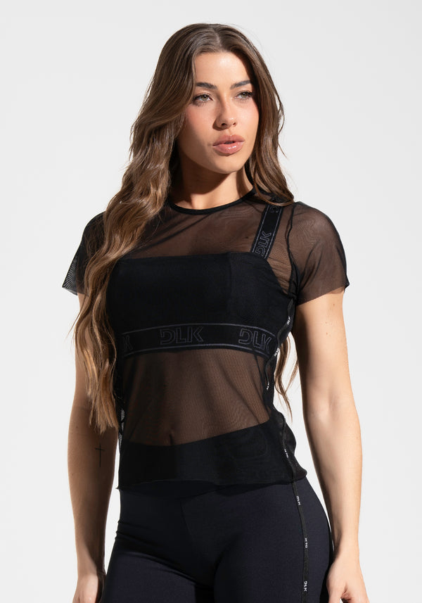 Blusa Baby Look Feminina de Tule com Elástico Nas Laterais Activity+ Dlk Preto e Branco