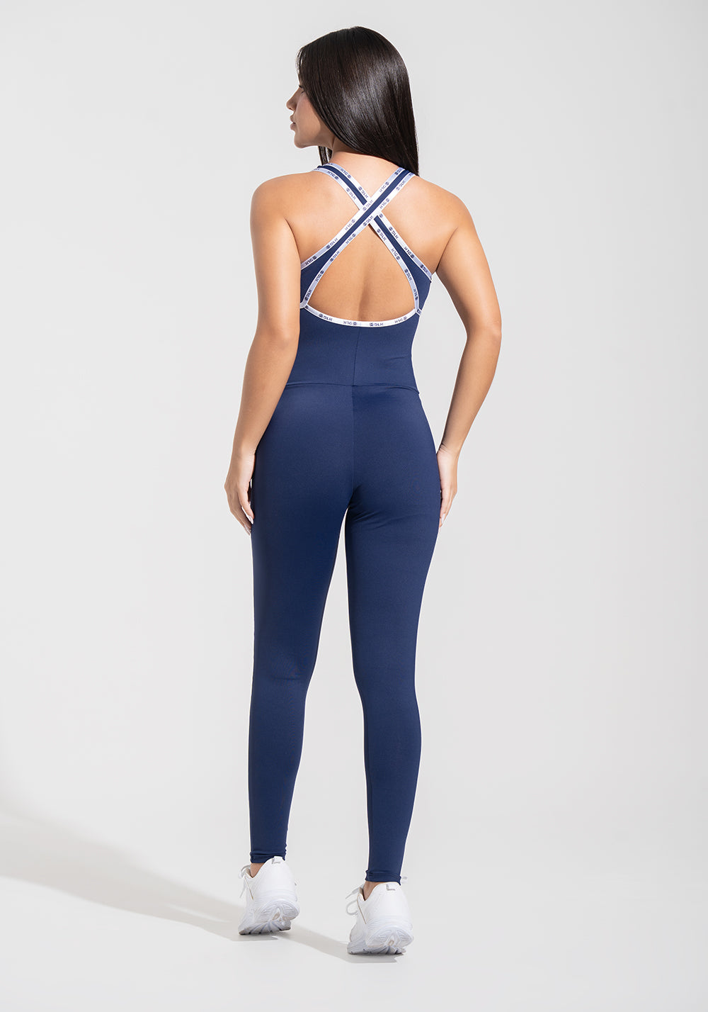 Macacão Fitness Feminino com Alças Cruzadas e Elástico Athletic Dlk Azul Marinho