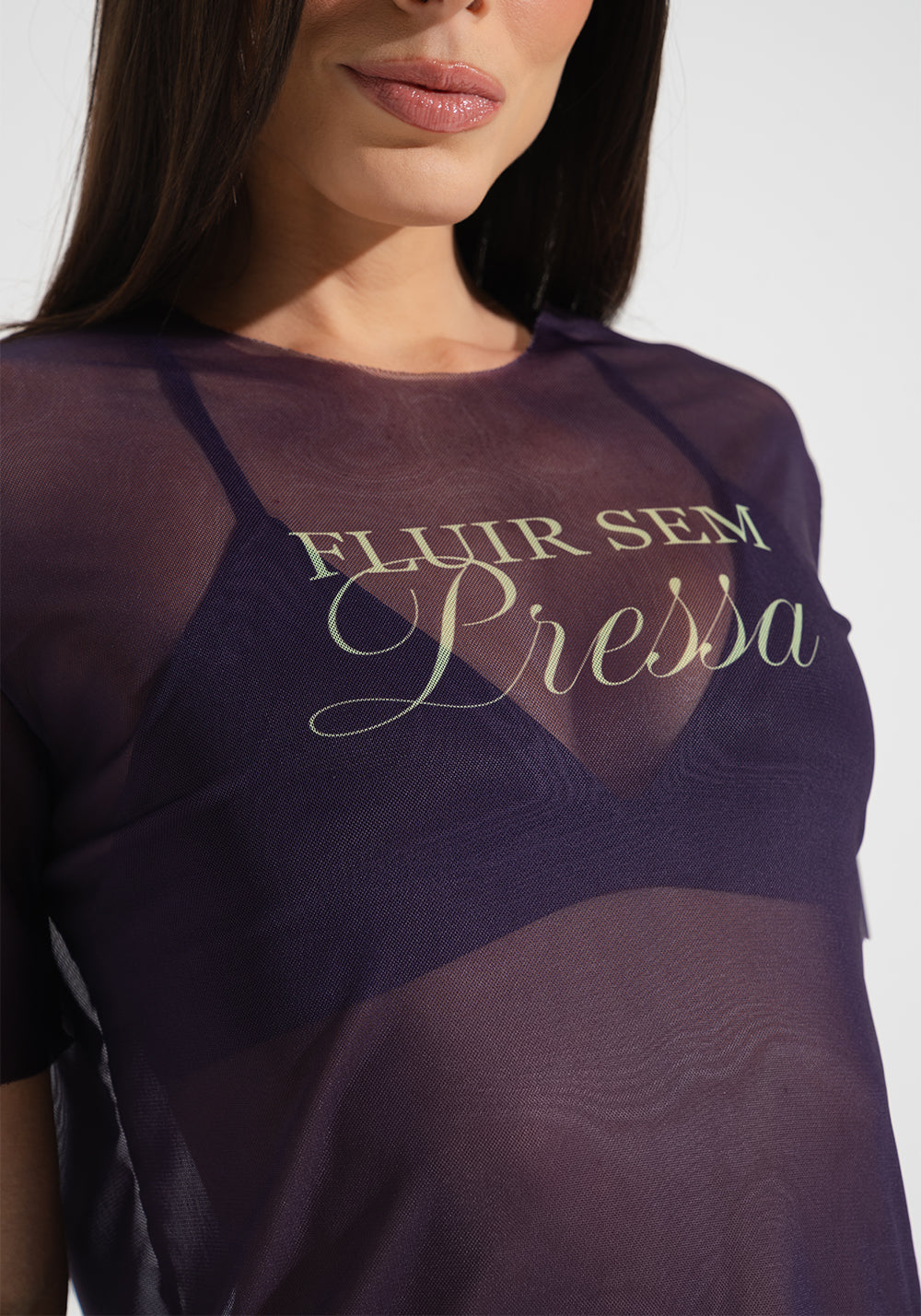 Blusa Fitness Feminina de Tule Estampada Fluir Sem Pressa Activity Dlk