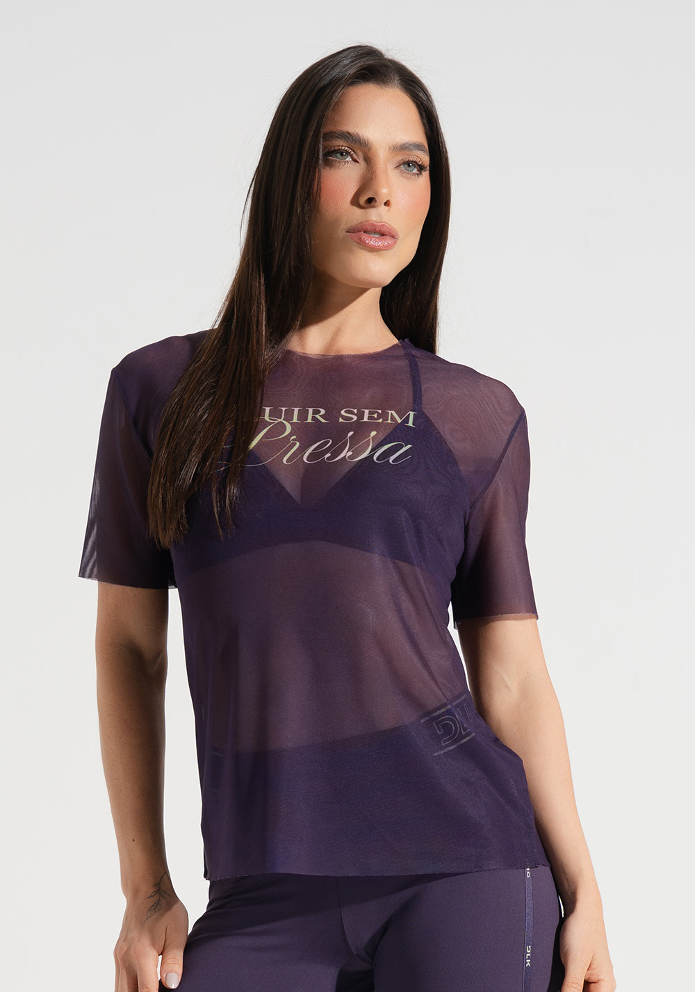 Blusa Fitness Feminina de Tule Estampada Fluir Sem Pressa Activity Dlk