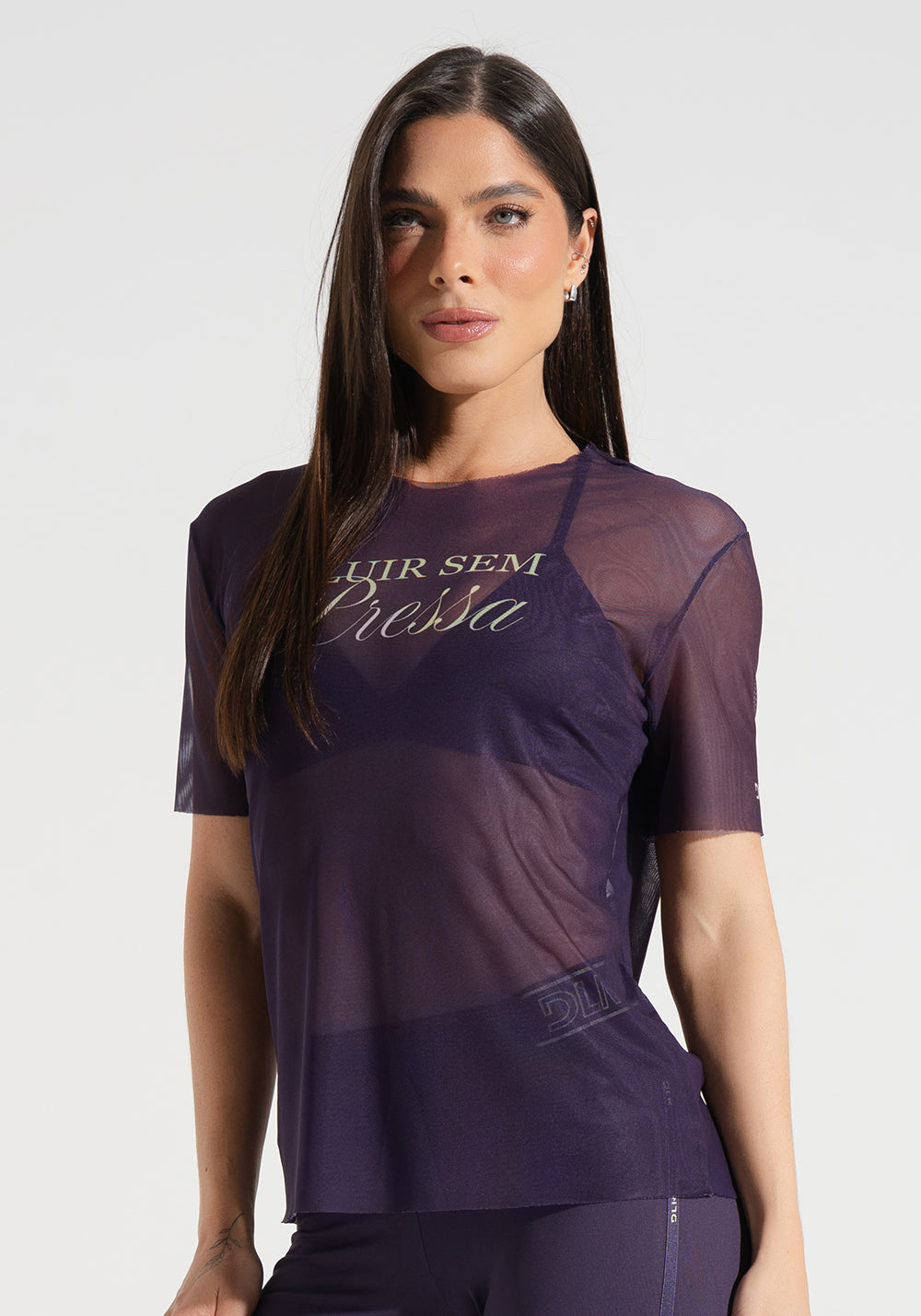 Blusa Fitness Feminina de Tule Estampada Fluir Sem Pressa Activity Dlk