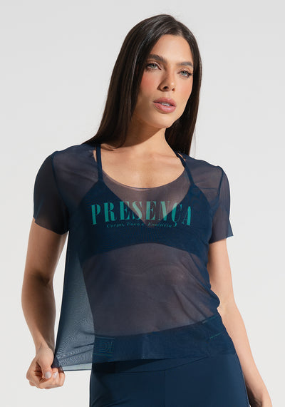 Blusa Baby Look Feminina de Tule Estampada Presença Activity Dlk