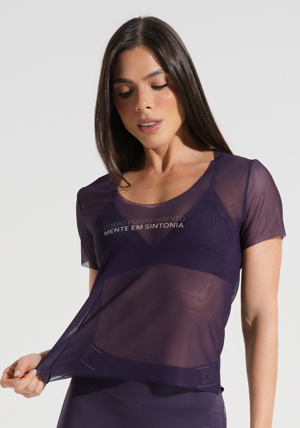 Blusa Baby Look Feminina de Tule Estampada Corpo em Movimento Activity Dlk