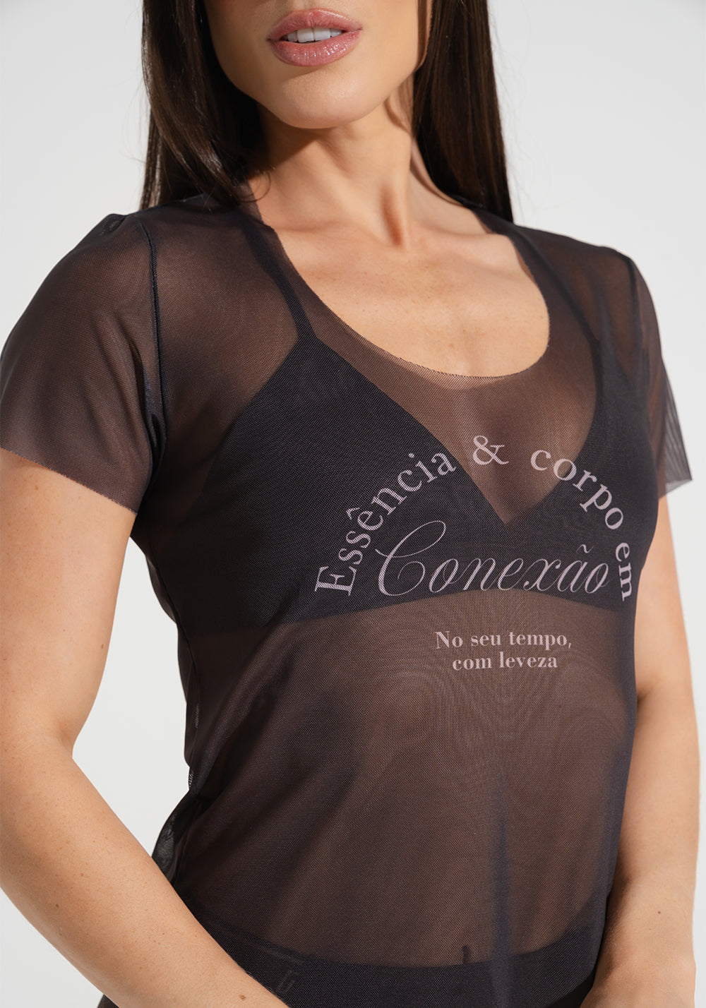 Blusa Baby Look Feminina de Tule Estampada Conexão Activity Dlk