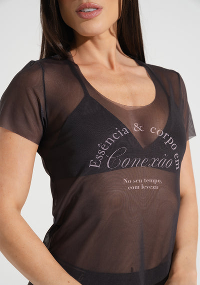 Blusa Baby Look Feminina de Tule Estampada Conexão Activity Dlk