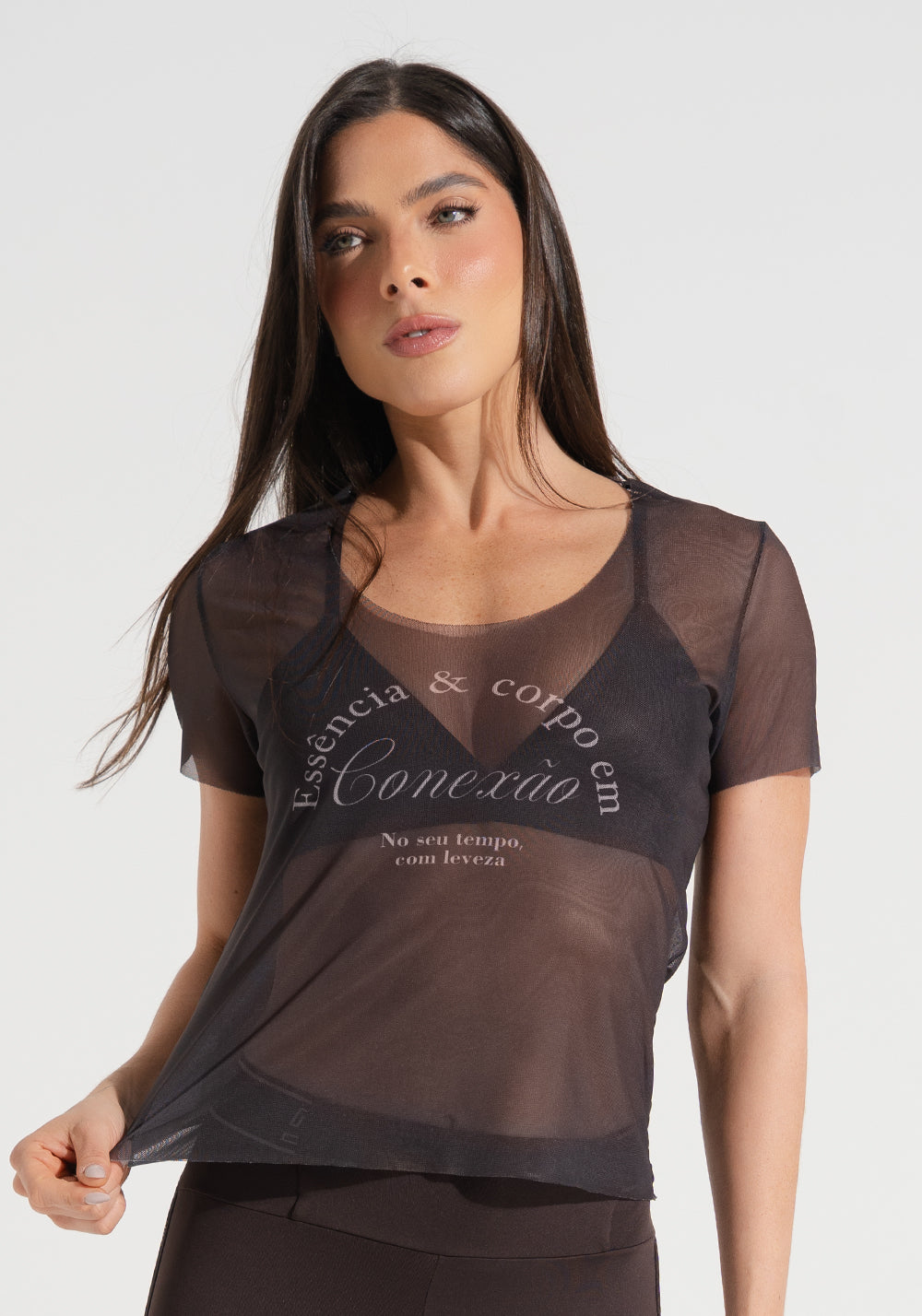 Blusa Baby Look Feminina de Tule Estampada Conexão Activity Dlk
